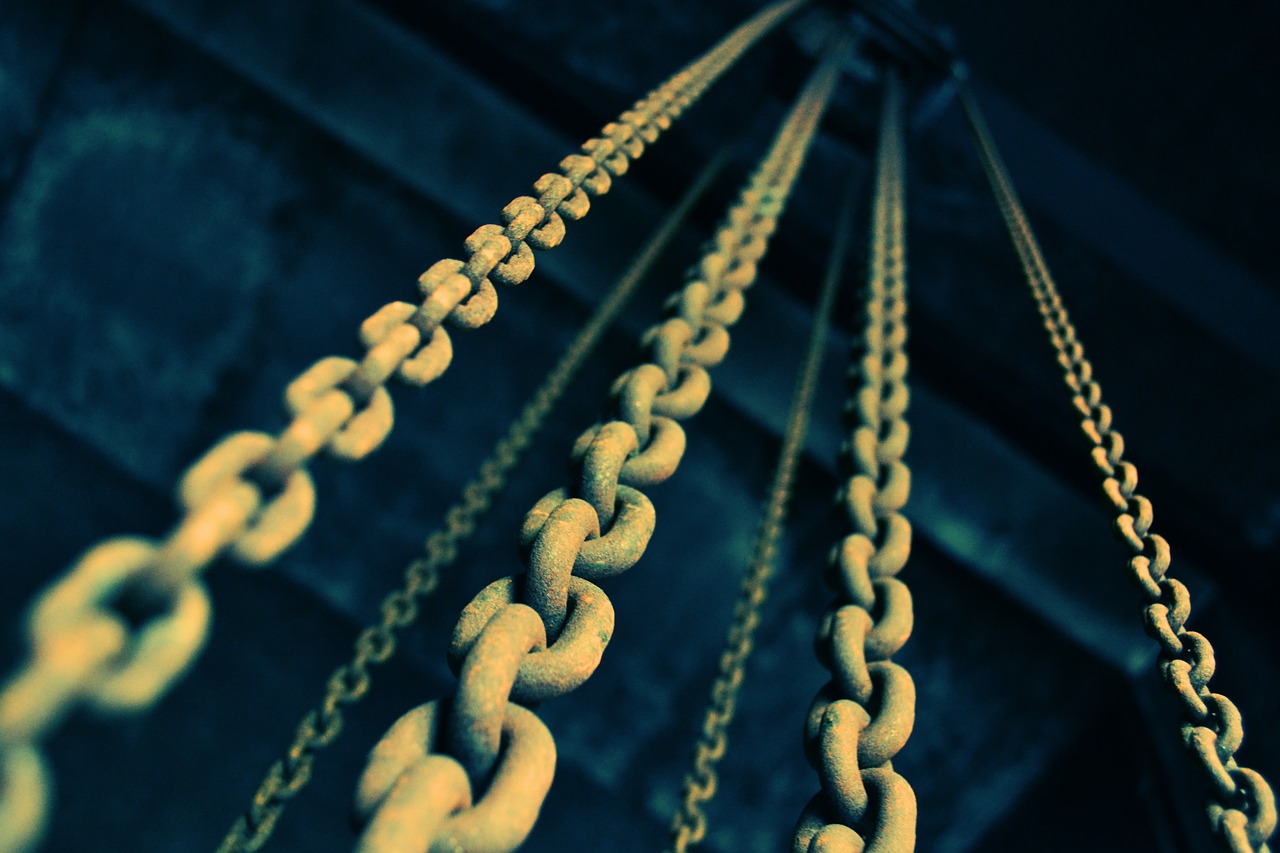 Several chains in a pulley system.