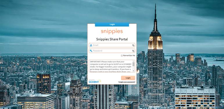 The Snippies Share Portal login screen over New York Center, including the Empire State Building.