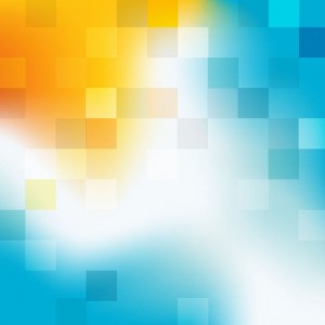 Pixelated abstract shapes of white, blue, yellow and orange.