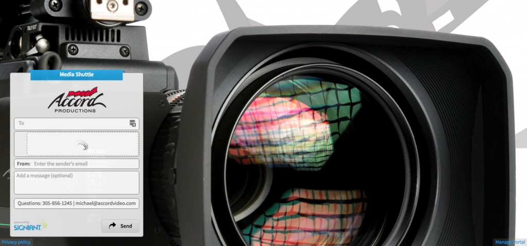 A closeup of a movie camera with a Media Shuttle Accord Productions portal over it.