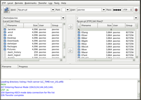 A screenshot of an FTP client.