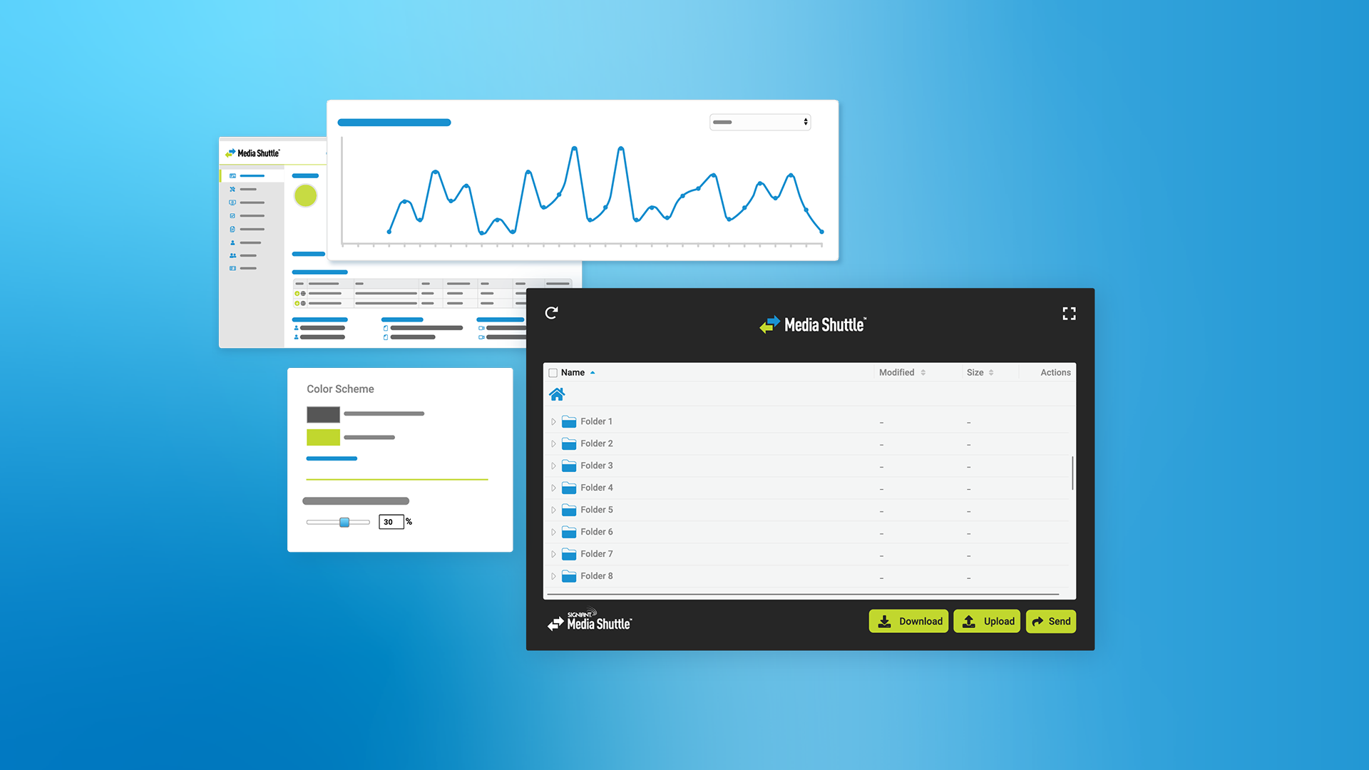 4 screens overlapping: a line graph, folders in Media Shuttle, a color scheme selector, and a Media Shuttle dashboard.
