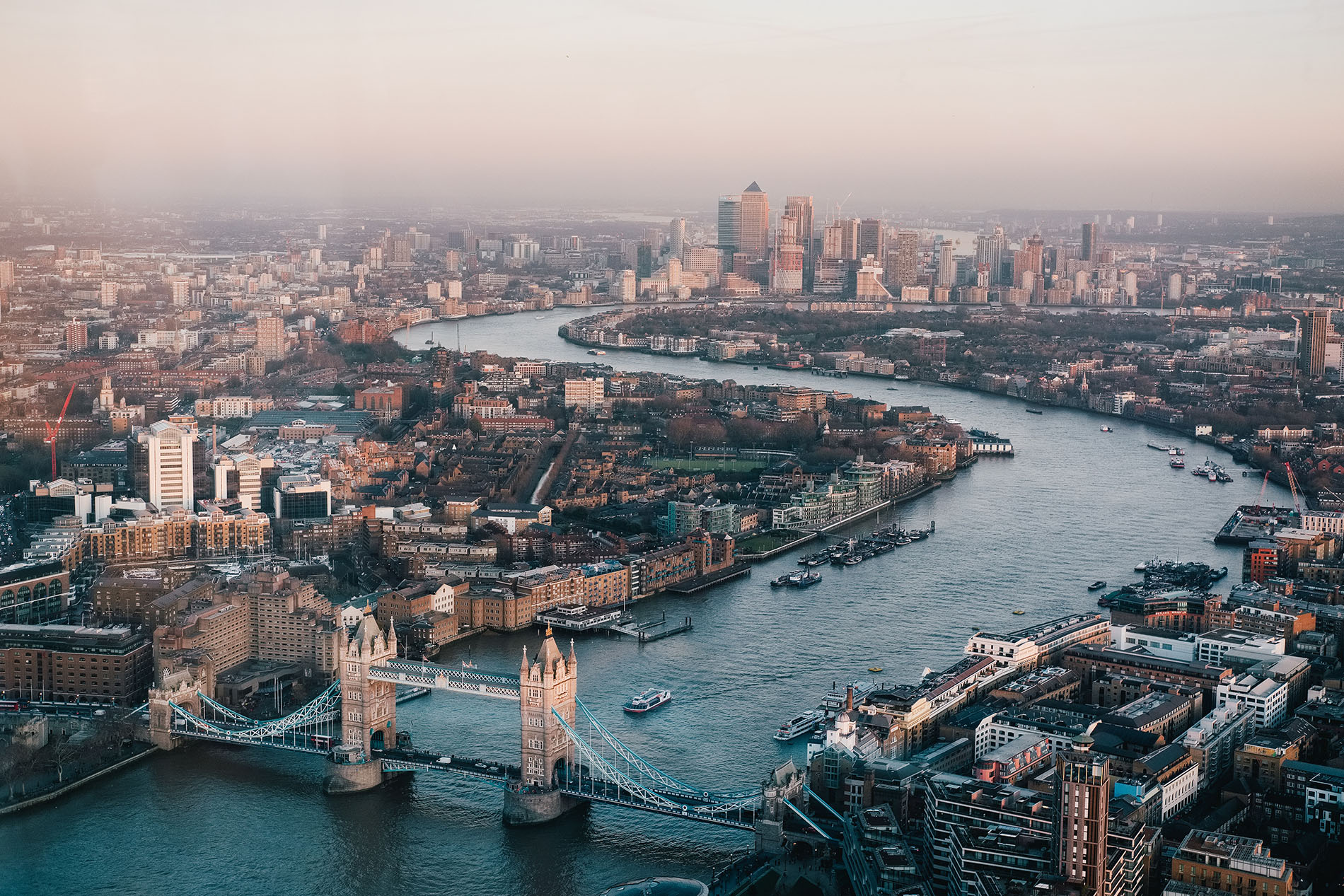 The city of London with the Thames river running through it.