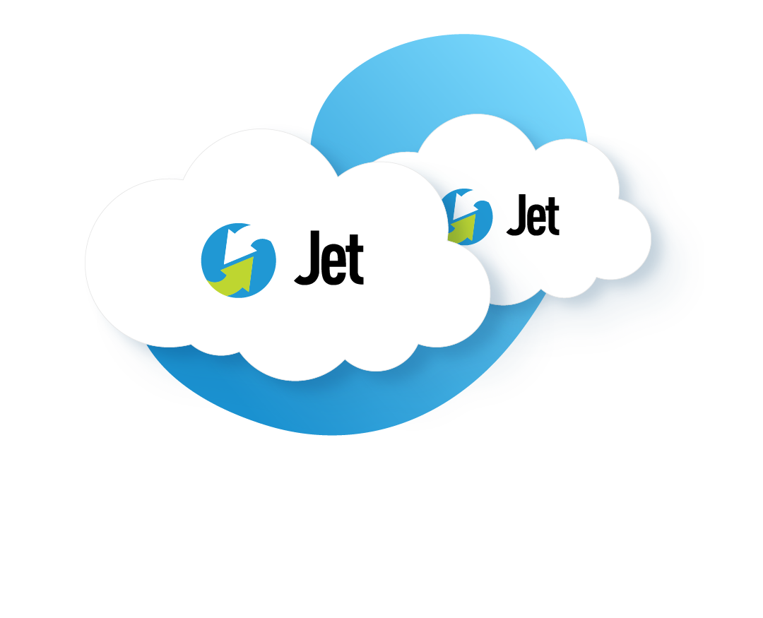 Jet - Cloud Services 2 white clouds on a blue background, each says Jet in black text and a blue circle with a white and a green arrow in them.