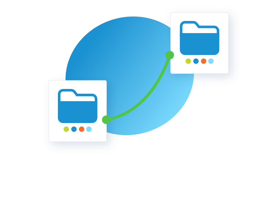 File folders on opposite sides of a blue oval, with a green line connecting the folders.