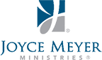 The words Joyce Meyer in blue text and the word ministries in grey text, underneath a cursive J.