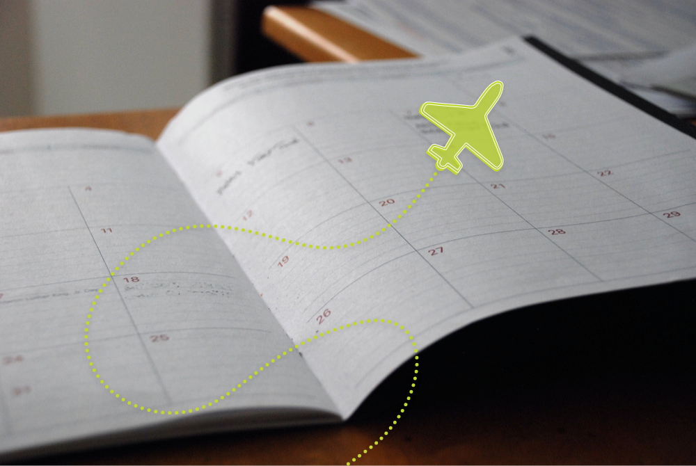 A calendar with some events written on it. There's a green airplane superimposed on it.