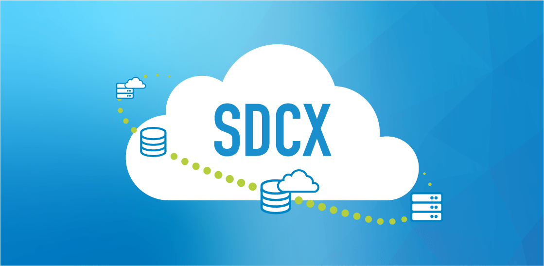 A white cloud with the letters S D C and X in it, with icons for servers and data storage.