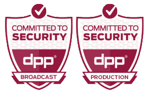 A red shield with a check mark at the top, and the words committed to security DPP productions, next to a similar one.