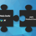 Puzzle piece with Media Shuttle and Jet connecting to another puzzle piece with AWS and Media2Cloud