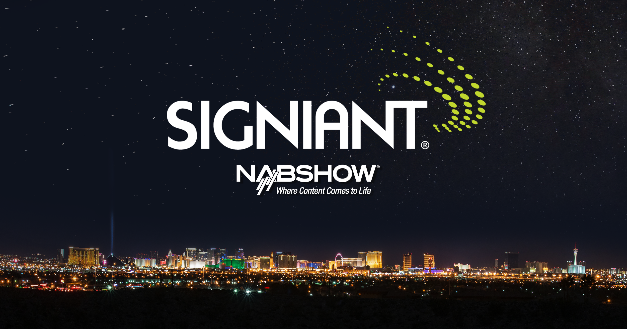 Signiant Nabshow logo with small city skyline at nighttime in background