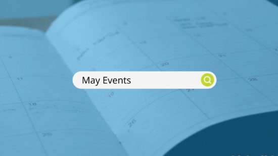 May Events search bar with calendar in the background