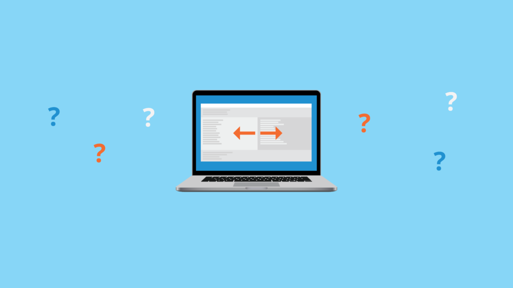 Laptop with files on screen and blue background with question marks surrounding