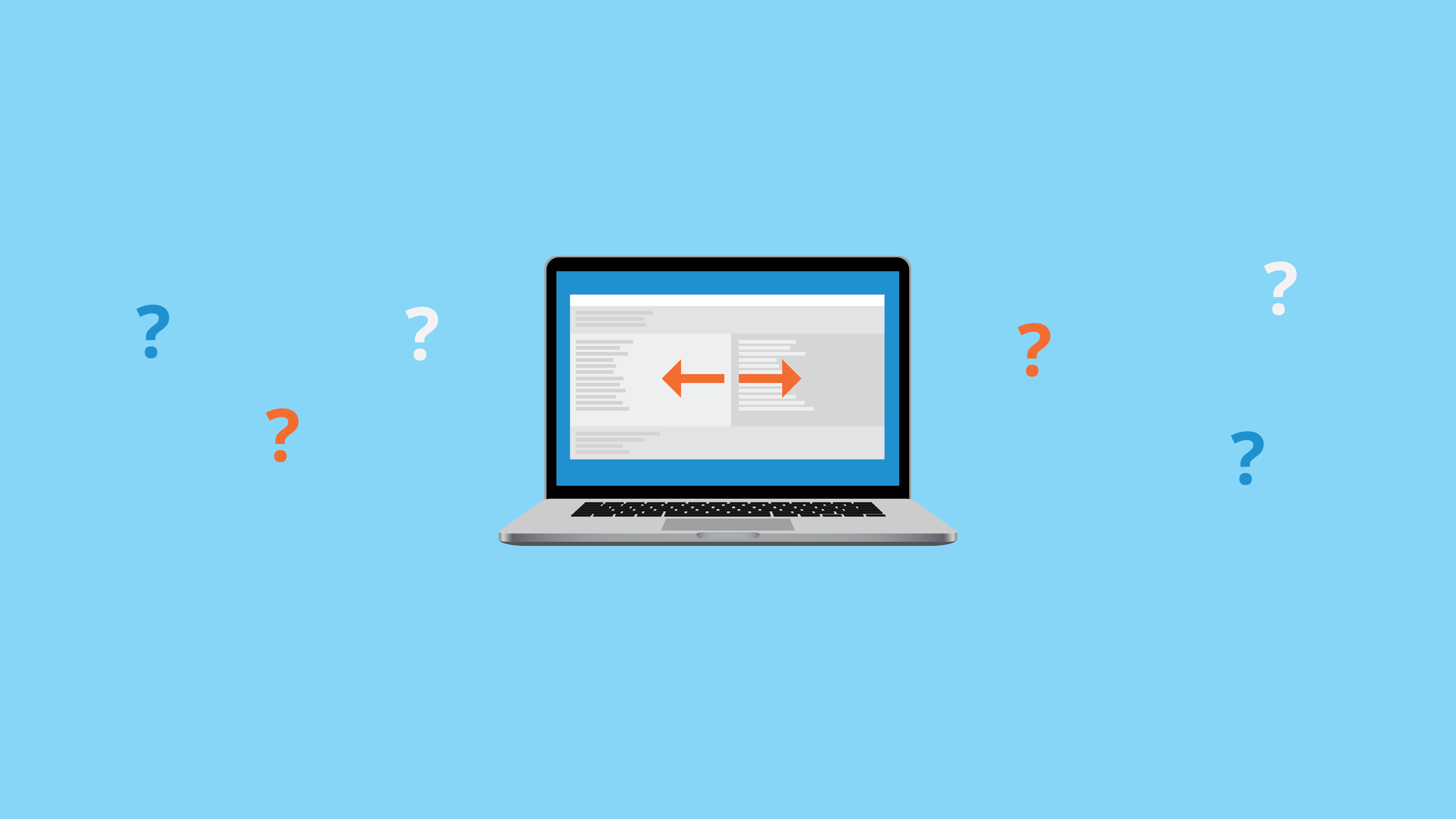Laptop with files on screen and blue background with question marks surrounding