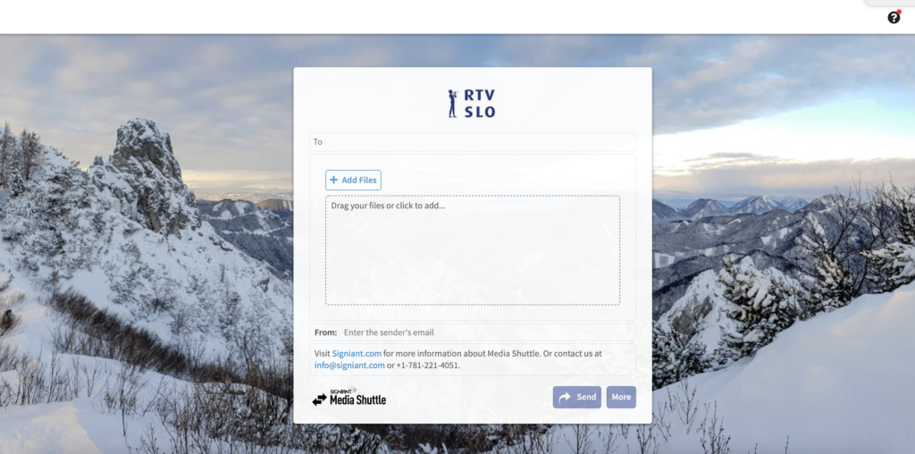 RTV branded Media Shuttle portal with snowy mountains in the background