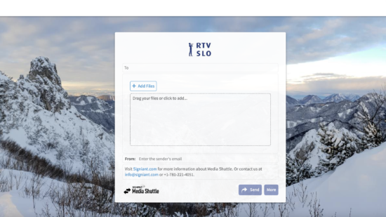 RTV branded Media Shuttle portal with snowy mountains in the background