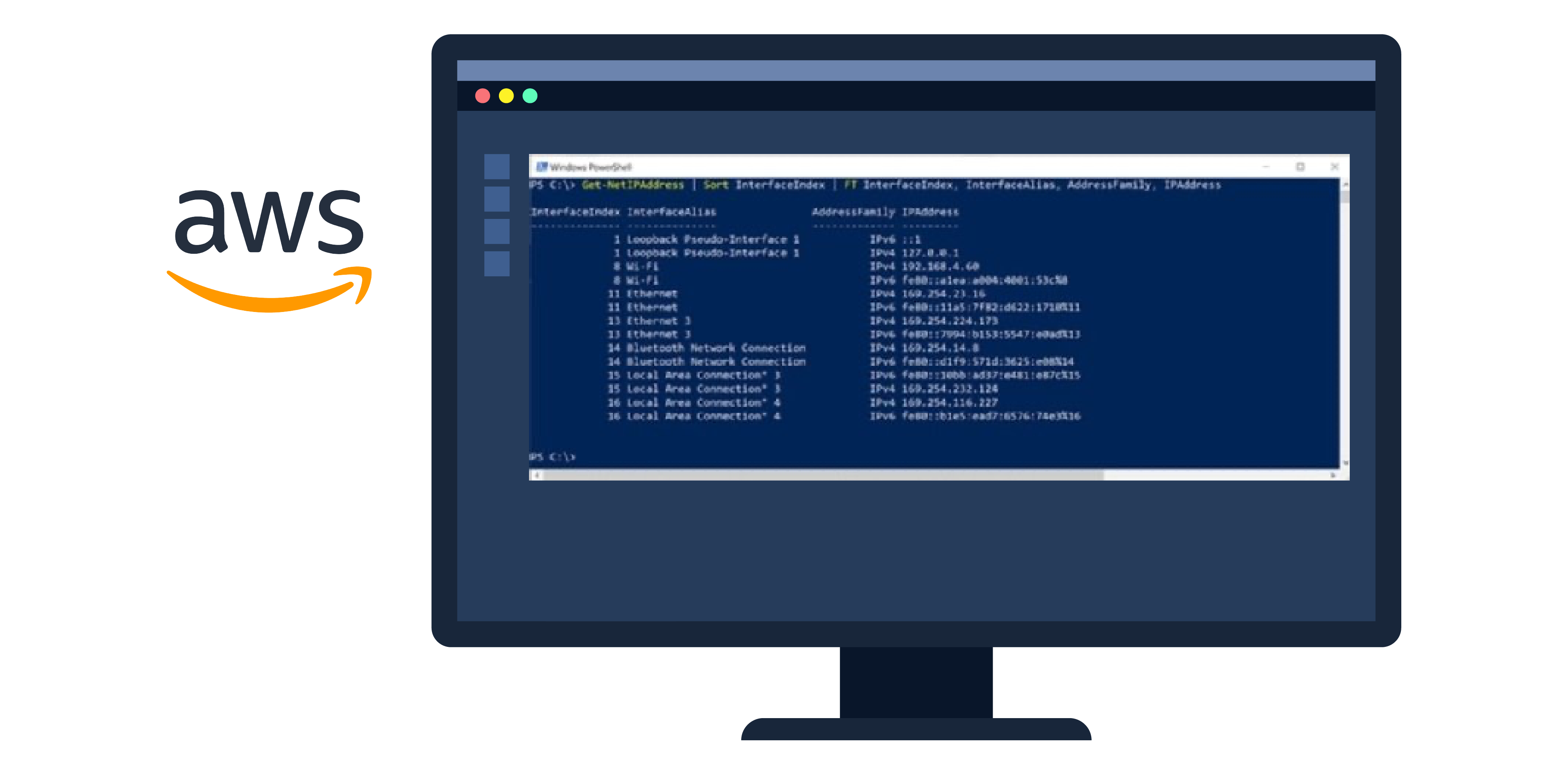 A computer monitor displaying lines of code and a command line interface (CLI), with the AWS logo in the background, representing AWS software utilities like the AWS CLI.