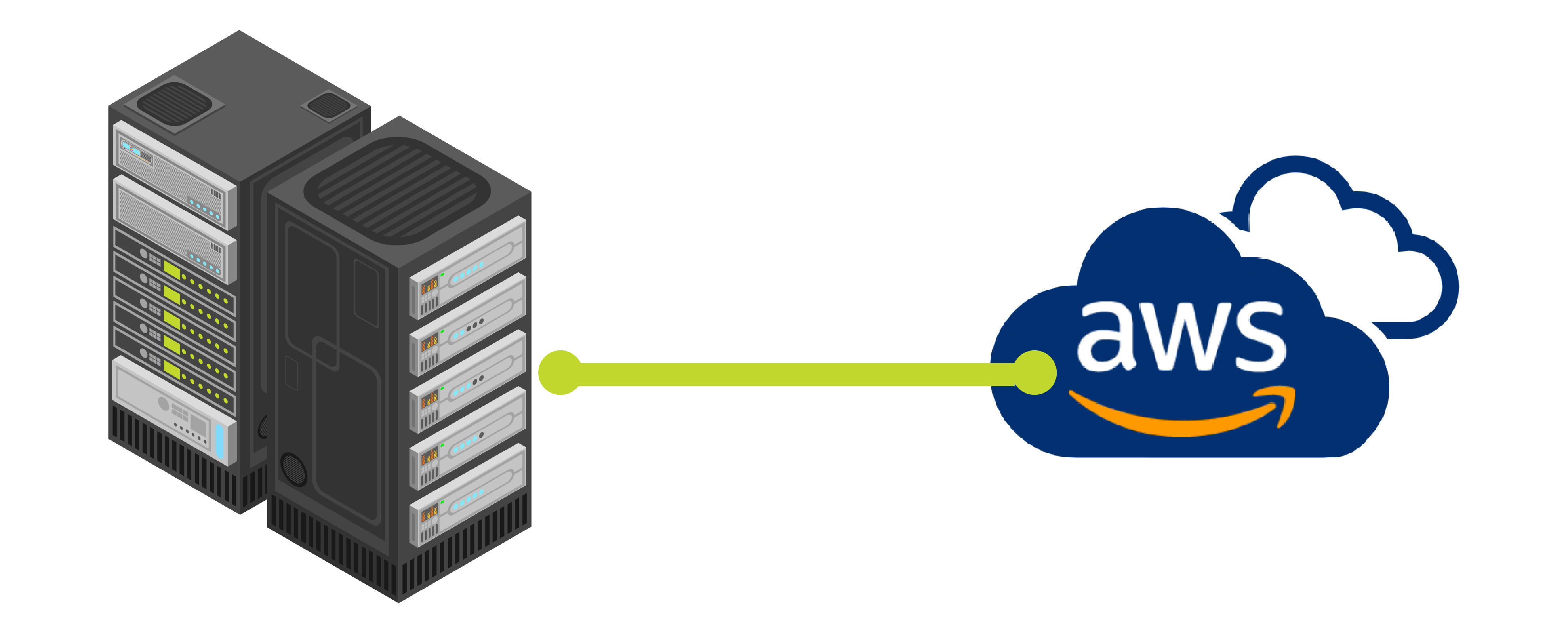 Showing AWS Direct Connect as a sturdy fiber-optic cable stretching from a data center on one side to an AWS cloud icon on the other, emphasizing the direct, private connectivity.