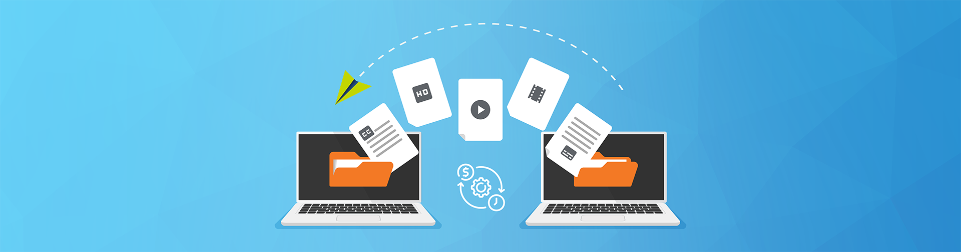 Illustration of files moving fro one laptop to another
