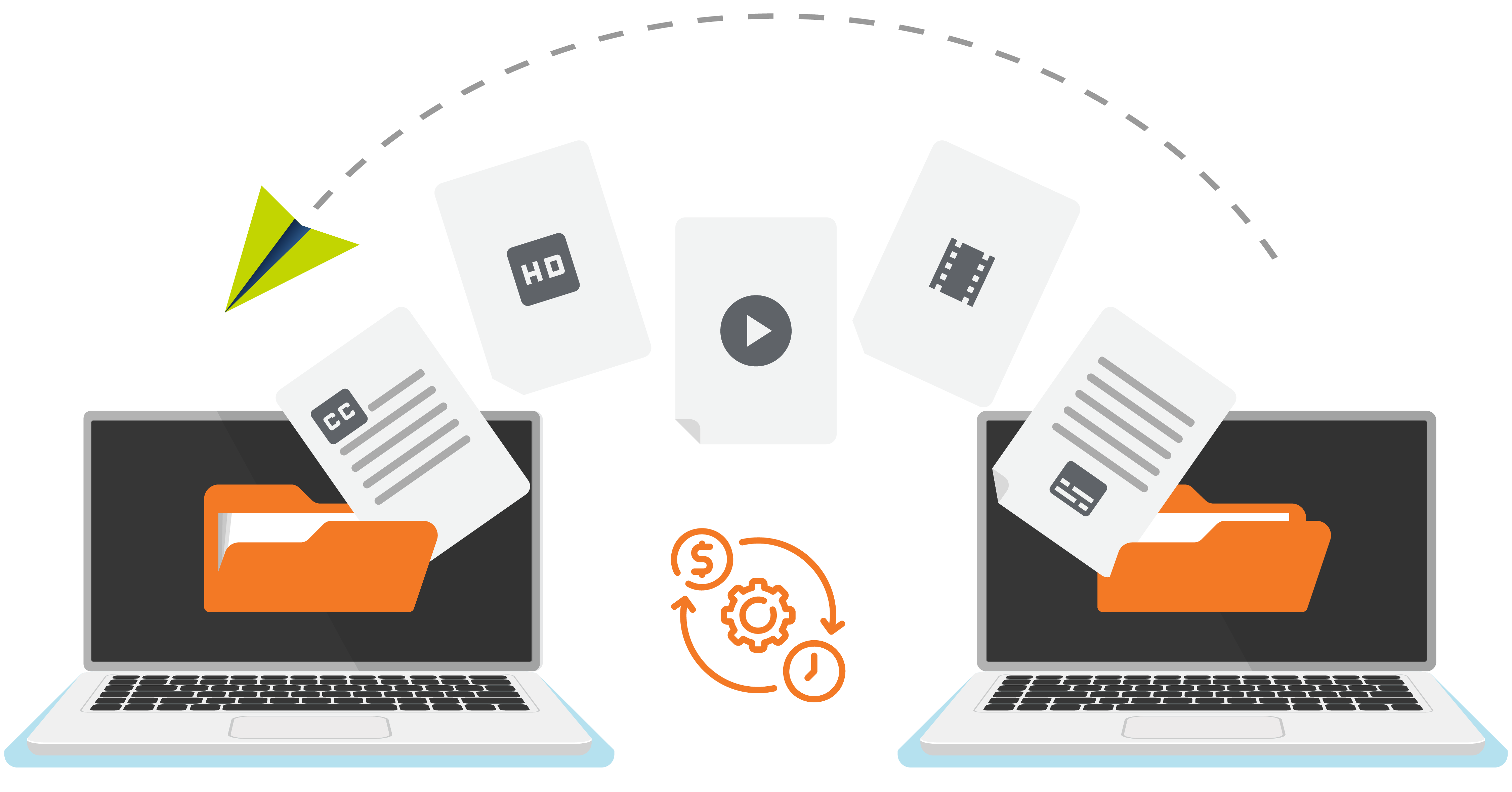 Illustration of files moving fro one laptop to another