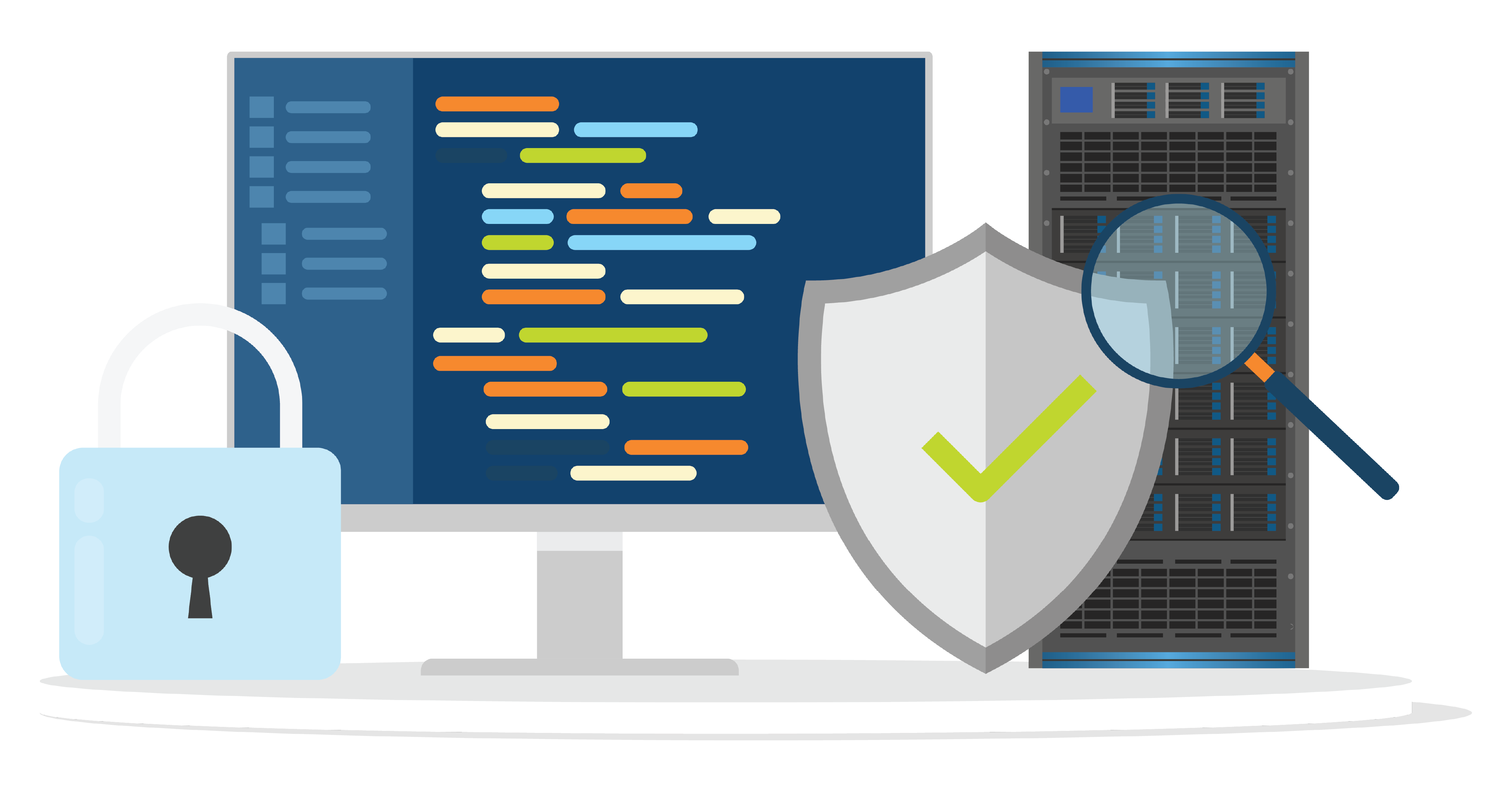 Illustration of monitor and server with lock and shield.